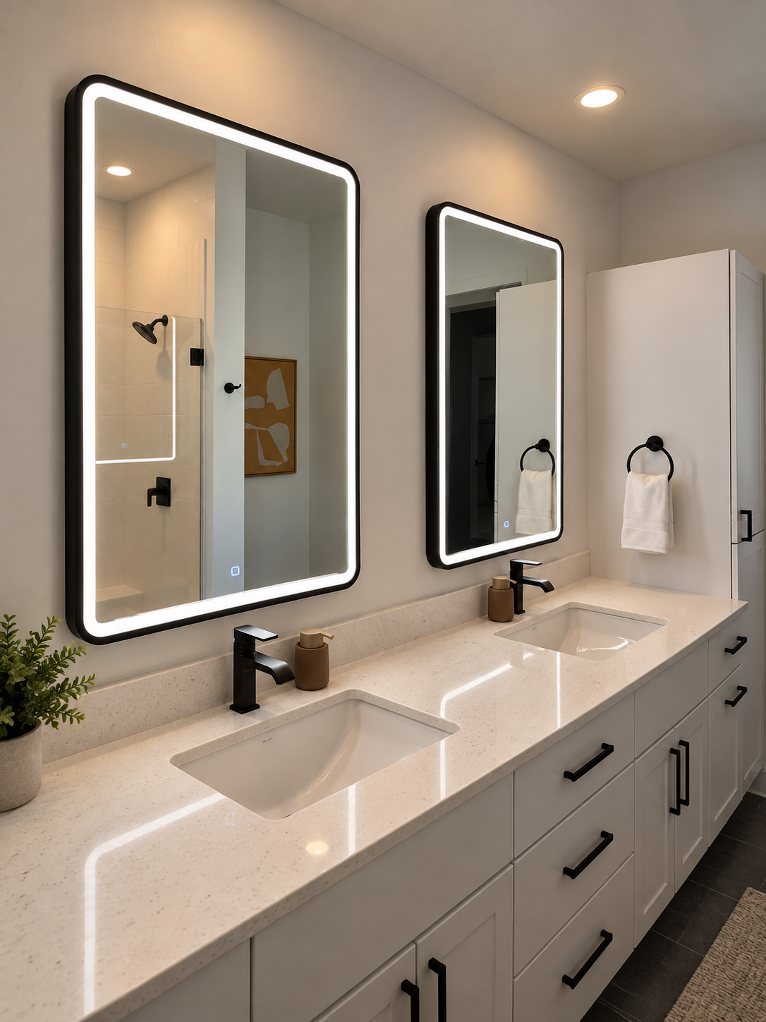 Pair of LED backlit mirrors installed above a bathroom vanity