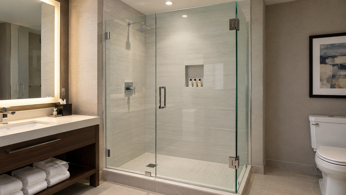 Frameless glass shower enclosure in a modern bathroom